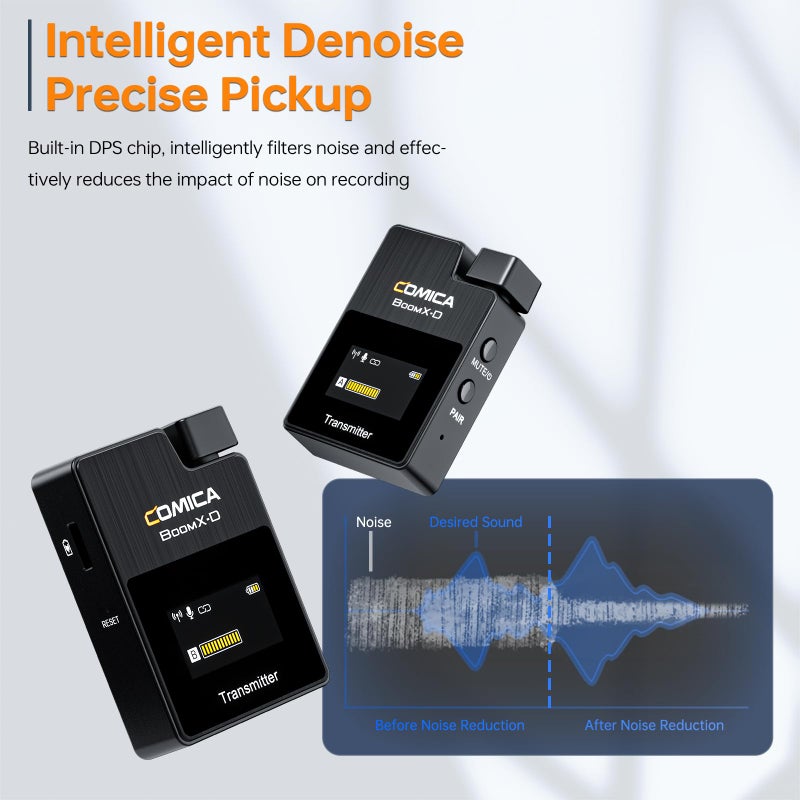 Comica BoomX-D2 - Wireless Microphone System for Cameras, Camcorders, Smartphones, Laptops, Compact Wireless Lavalier Lapel Microphone with Safety Audio Track, Noise Reduction, 328' Range, Low Latency - Image 4